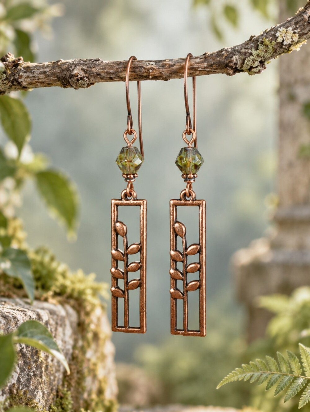 Moss Green Czech Glass Copper Botanical Leaf Earrings Hand Crafted